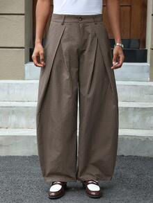 SWAVVY 男士褶裥条纹裤，带腰带环，宽松时尚 - 棕色 - 查看 4