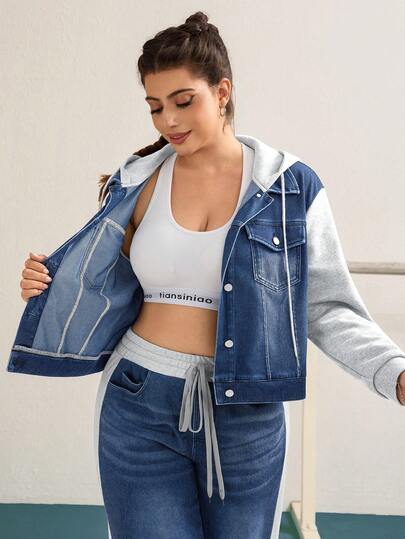 Flexra 大码女式休闲拼接连帽牛仔外套