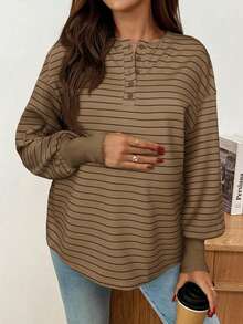 SHEIN 孕妇休闲条纹落肩纽扣长袖T恤，秋季哺乳上衣 - 摩卡棕 - 查看 5