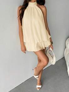 SHEIN Tall 女士优雅浅黄色吊带系带迷你连衣裙，适合派对、约会、秋冬季、春夏季穿着 - 杏色 - 查看 6