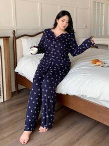 Dazy Plus 2pcs Plus Size Women Casual Bow Print Loose Pajama Set, Comfortable Home Wear For Spring & Autumn - Navy Blue - View 8