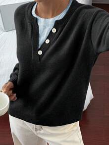 DAZY 休闲撞色亨利领套头衫，柔软针织二合一女式毛衣 - 黑色 - 查看 5