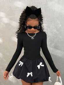 Coolane Kids 少女秋冬季吊带束腰可爱蝴蝶结装饰泡泡裙连衣裙，适合万圣节、圣诞节等场合。 - 黑色 - 查看 1