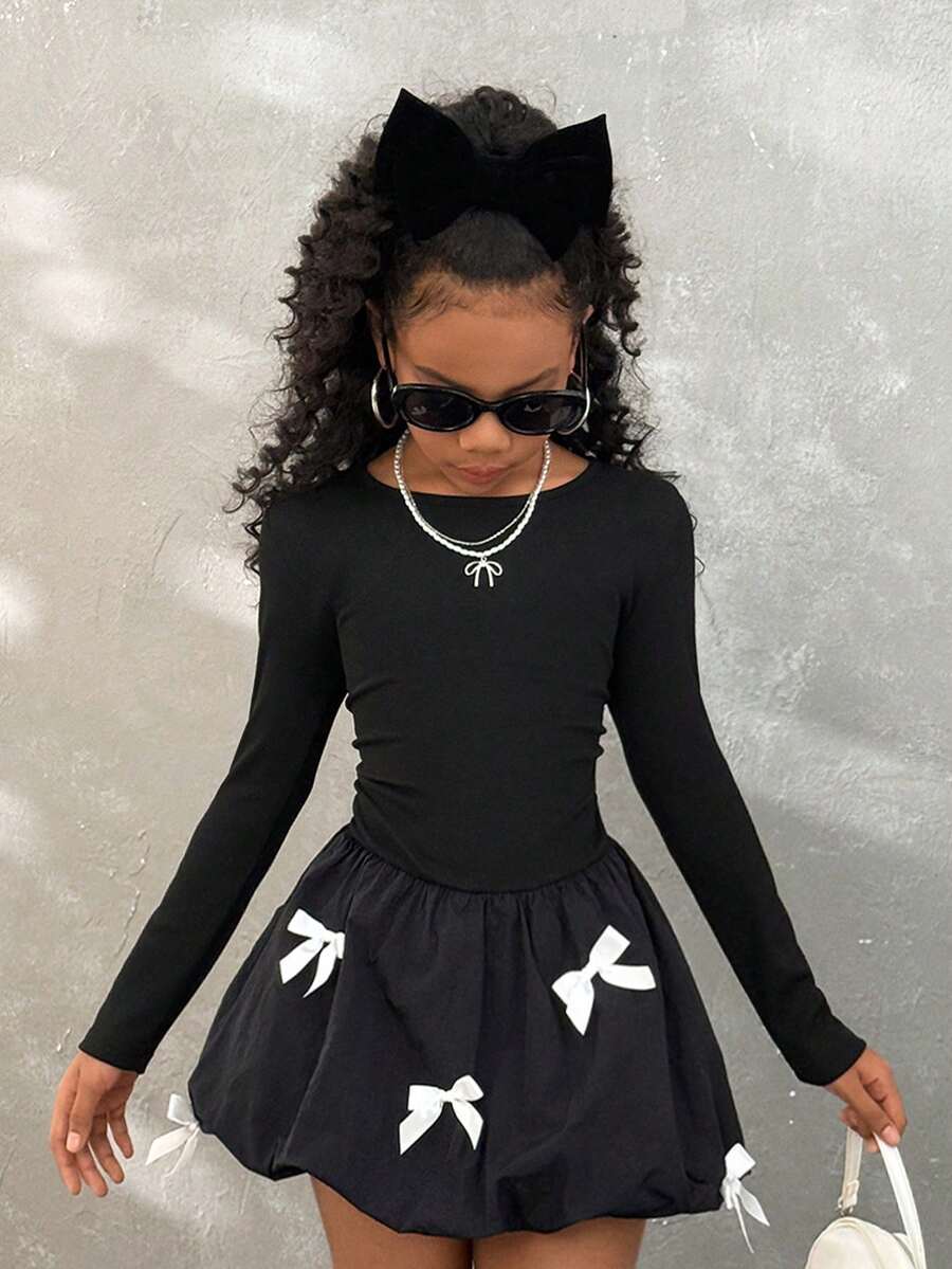 Coolane Kids 少女秋冬季吊带束腰可爱蝴蝶结装饰泡泡裙连衣裙,适合万圣节、圣诞节等场合。 - 黑色 - 查看 1