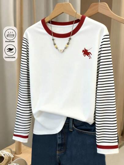 Resyla 女士休闲条纹圆领宽松长袖T恤，秋季时尚百搭优雅女式T恤，腰部收紧多色条纹拼接短袖T恤，休闲户外上衣，亮色图案设计，适合散步、旅行、街头摄影