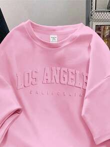 SHEIN EZwear Áo thun tay ngắn cổ tròn in khẩu hiệu tiếng Anh 3D cỡ lớn dành cho nữ - Màu Hồng baby - Xem 3