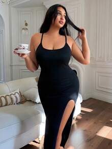 ZzzCrew 大码性感蕾丝V领吊带露背睡裙，侧开衩 - 黑色 - 查看 7