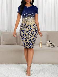 SHEIN Lady Plus Size Leopard Gradient Print Round Neck Short Sleeve Mid-Length Fitted Dress For Holiday Party,Birthday&Event Leopard Print Royal Blue Elegant Dress Women Pencil Dress For Women Bodycon Summer Dress Luxury Dress For Women Rehersal Dinner Dress  Spring Summer Dress  Party Dress  Birthday Dress Elegant Dresses For Women Royal Blue Bodycon Dress Leopard Print Dress Women Summer Dress Carnival Costume - Navy Blue - View 1