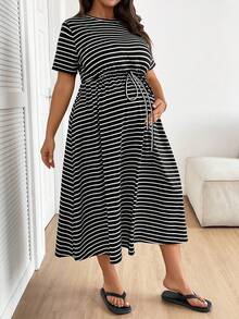 Plussiva 大码孕妇条纹圆领短袖抽绳腰休闲连衣裙 - 黑色 - 查看 10