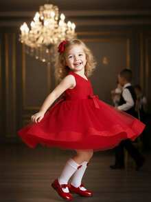 SHEIN 1pc Baby Girl Red Summer Elegant Formal Textured Sleeveless Dress,Comfortable Versatile Fashion Wear For Birthday Party,Wedding,Christening,Holiday - Red - View 1
