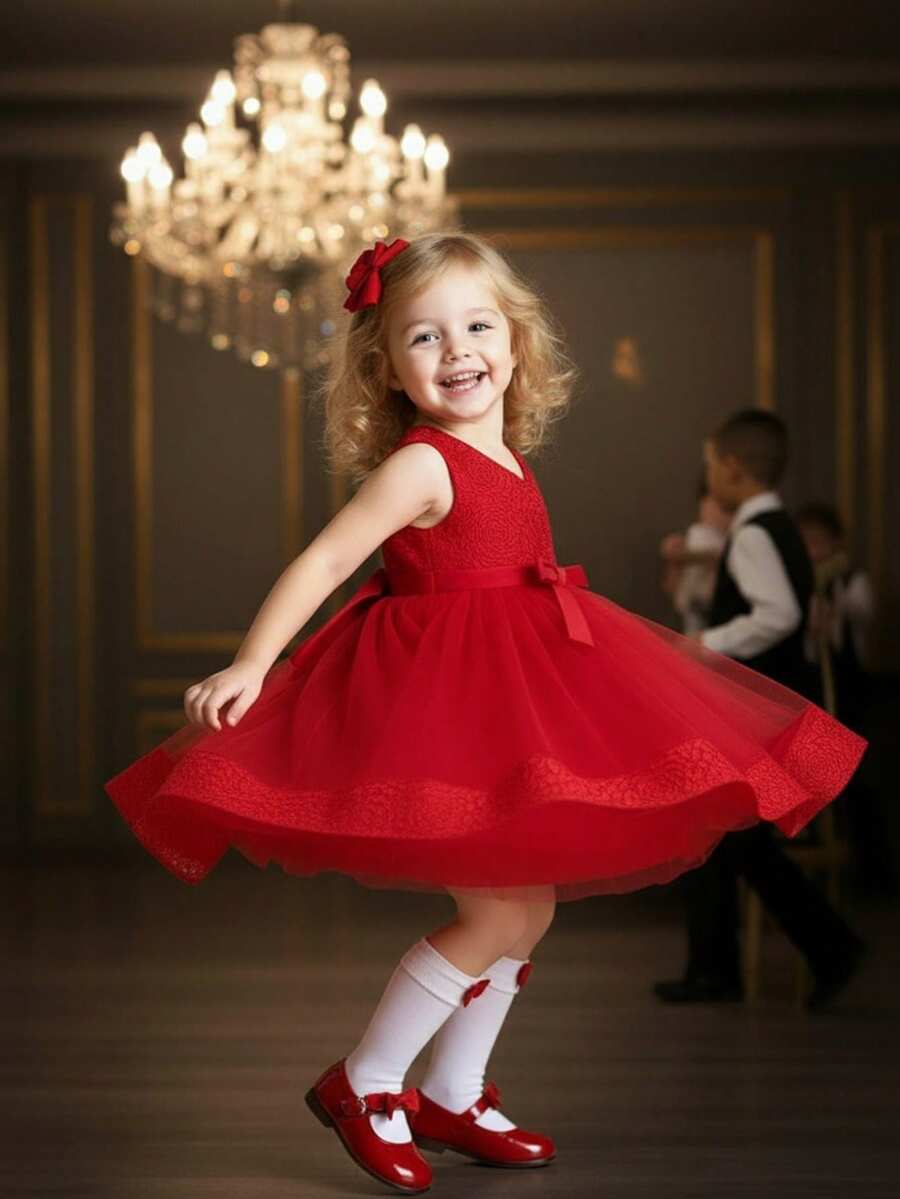 SHEIN 1pc Baby Girl Red Summer Elegant Formal Textured Sleeveless Dress,Comfortable Versatile Fashion Wear For Birthday Party,Wedding,Christening,Holiday - Red - View 1