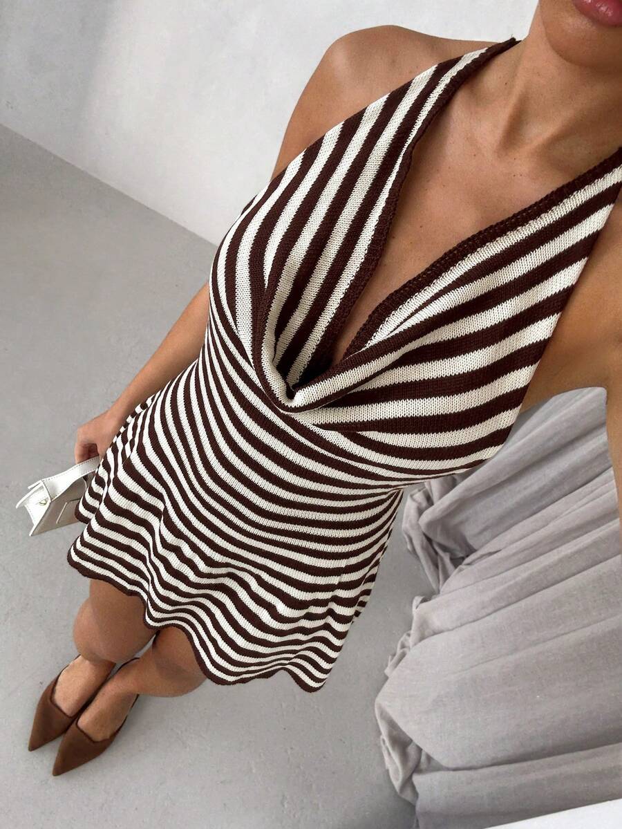 Glamine Elegant White And Brown Striped Knit Dress For Women,Chic Deep V Neck Draped Neck Backless Summer Vacation Holiday Short Party Dresses - Multicolor - View 1