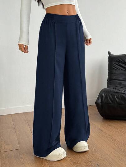 SHEIN PETITE Black Y2k Solid Color Wide Leg Pants Formal Pants Autumn And Winter Matching Baggy