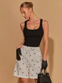 COSMINA 女士优雅通勤波点短裤，百搭日常穿着，适合办公室、休闲外出、派对、约会等场合，杏色面料搭配黑色波点，优雅中长款 - 白色 - 查看 4