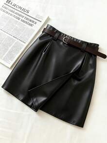 Franclia 返校休闲百搭 PU 不对称下摆系带黑色迷你裙，春秋女装 - 黑色 - 查看 7