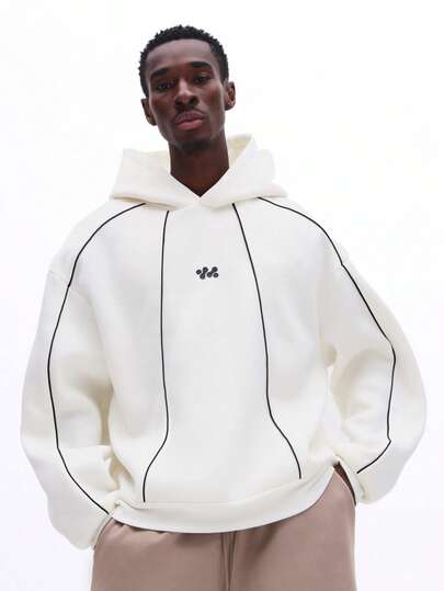  SUMWON 男士白色套头连帽衫，黑色滚边长袖休闲卫衣，秋冬街头风纯色款