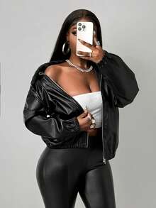 BamGleam Chaqueta de cuero casual y suelta con cuello de piel - Negro - Ver 6