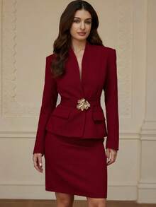 Aveloria Modichic Women's Asymmetric Waist Belt Collarless Long Sleeve Blazer & Pencil Skirt Suit Set - Red - View 6