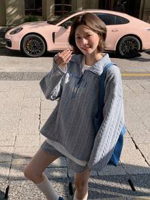 DAZY 2件套女士针织纹理蝴蝶结装饰上衣和短裤套装，韩版风格 - 灰色 - 查看 3