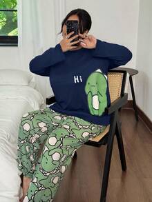 SHEIN Plus Size Cute Dinosaur Print Long Sleeve Pajama Set Dinosaur Pajamas Pajamas Long Sleeve