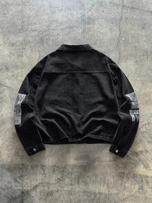 AXEPEAK Men's Washed Printed Jacket, Fashionable Lapel Casual Outerwear - Black - View 2