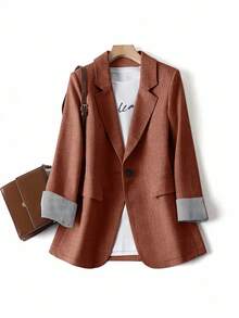 SHEIN PETITE CURVE Plus Size Women Striped Patchwork Business Suit - Orange - View 3