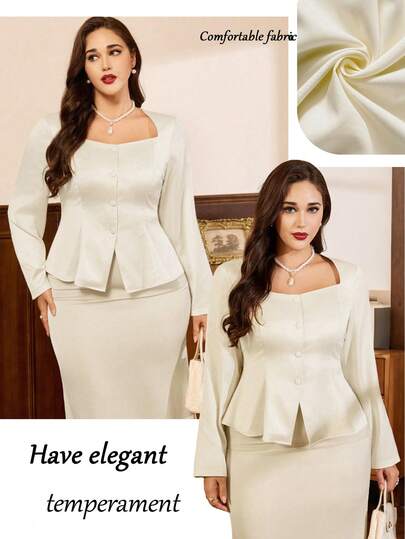 Auvina 大码女士优雅通勤白色方领亮面单排扣不对称下摆长袖修身衬衫，春秋季