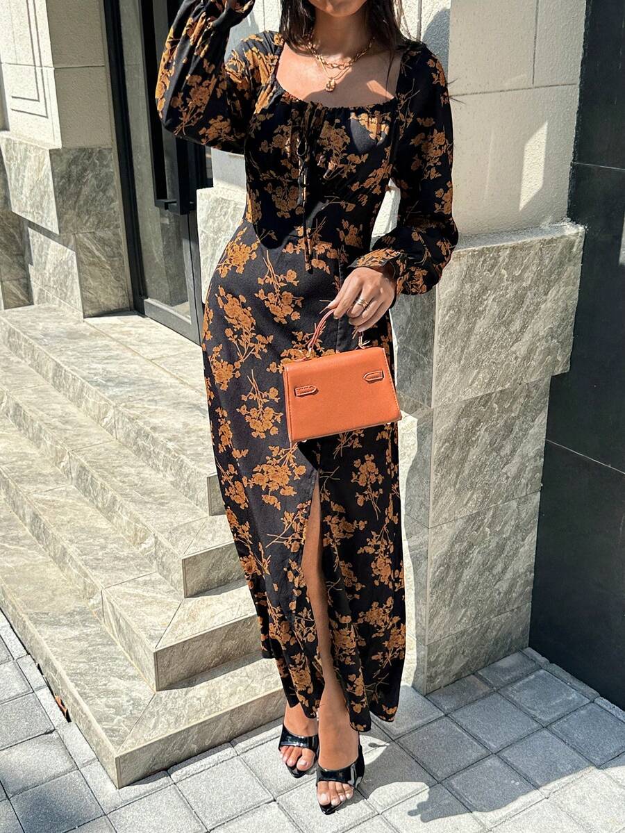 Chiquease Women's Spring/Autumn Vacation Style Allover Floral Print Square Neck Tie-Front Ruffle Sleeve Cinched Waist High Slit Hem Dress - Multicolor - View 1