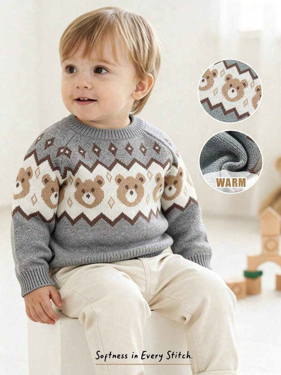 Cozy Pixies Baby Boy Bear Geometric Pattern Crew Neck Long Sleeve Pullover Sweater, Thick Soft Comfortable Casual Versatile - Light Grey - View 1