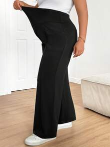 SHEIN 大码孕妇弹力腰带口袋休闲舒适裤 - 黑色 - 查看 5