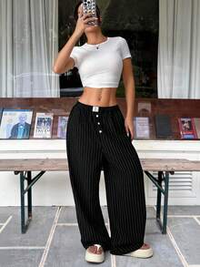 Muchica 女士休闲条纹阔腿裤 - 黑色 - 查看 6