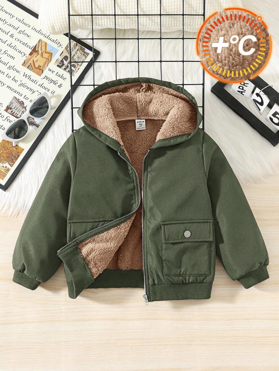 SHEIN 男童休闲舒适保暖连帽加厚羽绒服，冬季款 - 軍綠色 - 查看 1