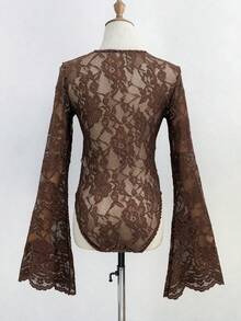 GlowEve Solid Color Deep V-Neck Lace Patchwork Sheer Sexy Long Sleeve Bodysuit - Brown - View 2