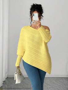 Elenzga Plus Size Asymmetrical Gigot Sleeve Loose Knit Sweater, Solid Color, Shoulder Exposed, Winter - Light Yellow - View 1