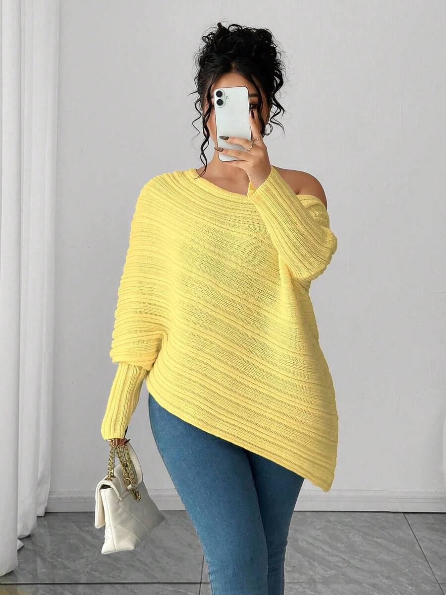 Elenzga Plus Size Asymmetrical Gigot Sleeve Loose Knit Sweater, Solid Color, Shoulder Exposed, Winter - Light Yellow - View 1