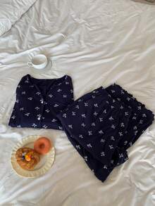Dazy Plus 2pcs Plus Size Women Casual Bow Print Loose Pajama Set, Comfortable Home Wear For Spring & Autumn - Navy Blue - View 3
