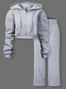 INAWLY 2 件女式休闲纯色短款连帽衫和运动裤套装，秋冬 - 灰色 - 查看 3