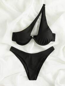 Bonvoyette 2026 Spring/Summer Adjustable Shoulder Strap Underwire Supportive Back Hook Solid Color High Cut Bottom Women's Bikini 2-Piece Set - Black - View 5