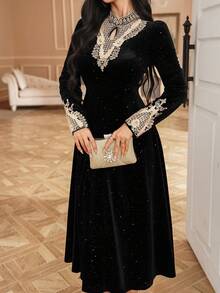 DAZY فستان طويل أنيق من الفلفت والترتر للنساء، ذو تأثير نحيف على الطراز الفرنسي الراقي، فستان حفلة خريف/شتاء - الأسود - مشاهدة 6