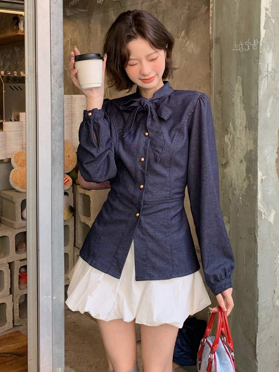 DAZY Women's Bow Tie Strap Korean Style Denim Blouse