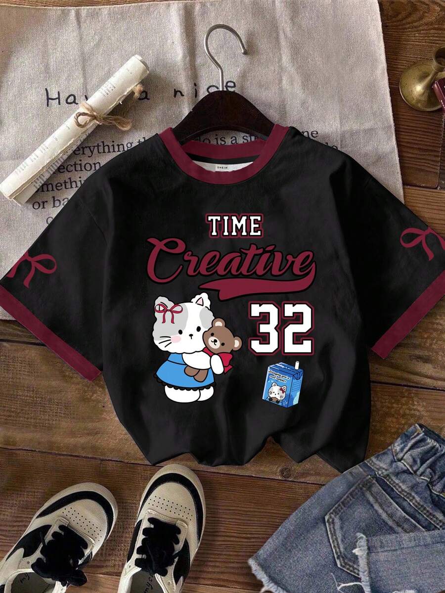 SHEIN EZwear Casual Minimalist Cartoon Print Round Neck Loose Fit Women T-Shirt,Graphic Tees Spring - Multicolor - View 1