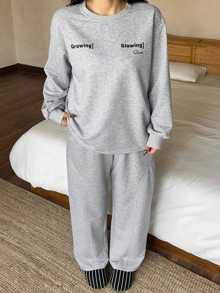 Dazy Plus Plus Size Women Casual Loose Fit Pajama Set, Includes Straight Leg Pants And Relaxed Top, Suitable For Autumn/Winter