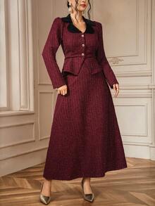 DAZY Women's Textured Velvet Contrast Collar Splice Jacket And Long Skirt Elegant Urban Casual 2-Piece Set - Burgundy - View 2