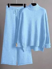 Franclia 两件套女士高领落肩长袖毛衣和针织长裤，休闲针织衫套装，适合大学秋季和冬季穿着。