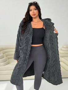 SHEIN EZwear Áo khoác dài bằng vải nỉ dày dặn, họa tiết cỡ lớn màu xám đậm, thời trang thu đông - Màu xám đen - Xem 6