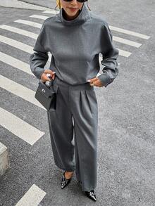 Siren Gaze Women's Solid Color High Neck Dropped Shoulder Long Sleeve Loose Fashion Top & Pleated Pants 2-Piece Set - Grey - View 3