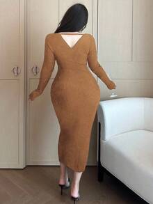 Flirla Plus Size Women Solid Color Overlap V-Neck Long Sleeve Fitted Elegant Knit Dress - Camel - View 2