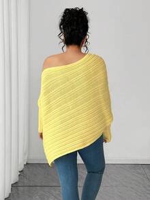 Elenzga Plus Size Asymmetrical Gigot Sleeve Loose Knit Sweater, Solid Color, Shoulder Exposed, Winter - Light Yellow - View 2