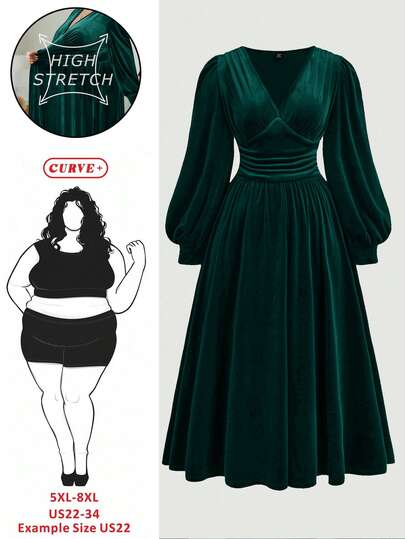 SHEIN CURVE+ 大码女式纯色丝绒收腰灯笼袖中长连衣裙