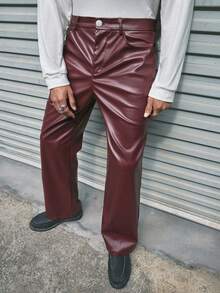 AXEPEAK 男士休闲街头时尚PU口袋裤 - 酒紅色 - 查看 5